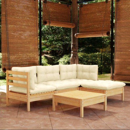 Salon de jardin 5 pcs avec coussins crème bois de pin