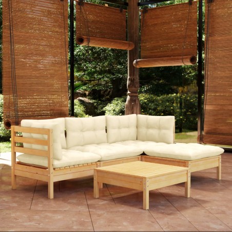 Salon de jardin 5 pcs avec coussins crème bois de pin