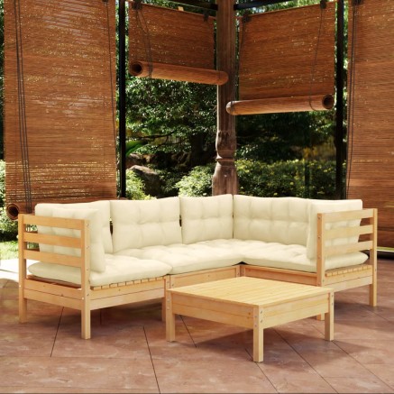 Salon de jardin 5 pcs avec coussins crème bois de pin