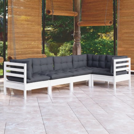 Salon de jardin 5 pcs avec coussins blanc bois de pin