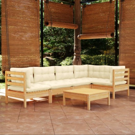Salon de jardin 6 pcs avec coussins crème bois de pin