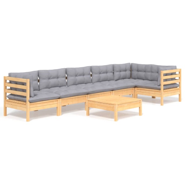 Salon de jardin 7 pcs avec coussins gris bois de pin