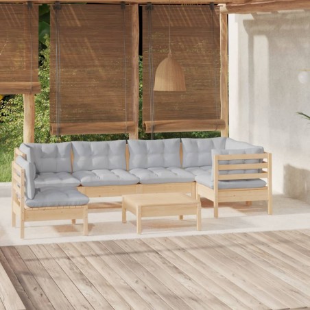Salon de jardin 7 pcs avec coussins gris bois de pin