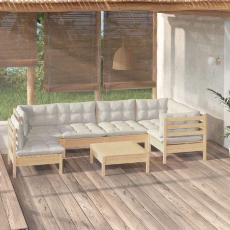 Salon de jardin 7 pcs avec coussins crème bois de pin
