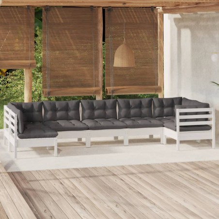 Salon de jardin 7 pcs avec coussins blanc bois de pin
