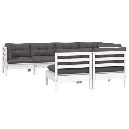 Salon de jardin 7 pcs avec coussins Blanc Bois de pin massif