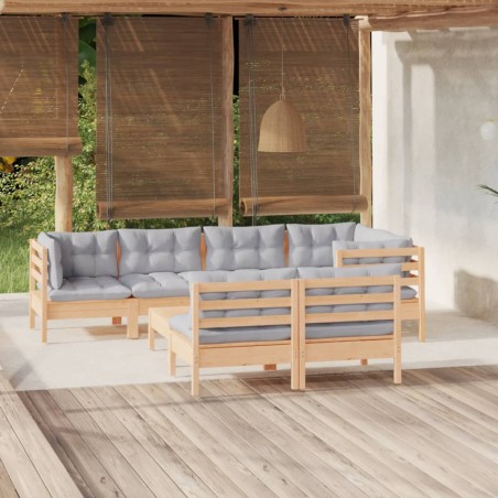 Salon de jardin 8 pcs avec coussins gris Bois de pin massif