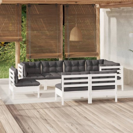 Salon de jardin 8 pcs avec coussins blanc bois de pin massif