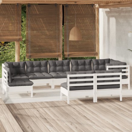 Salon de jardin 9 pcs avec coussins blanc bois de pin massif