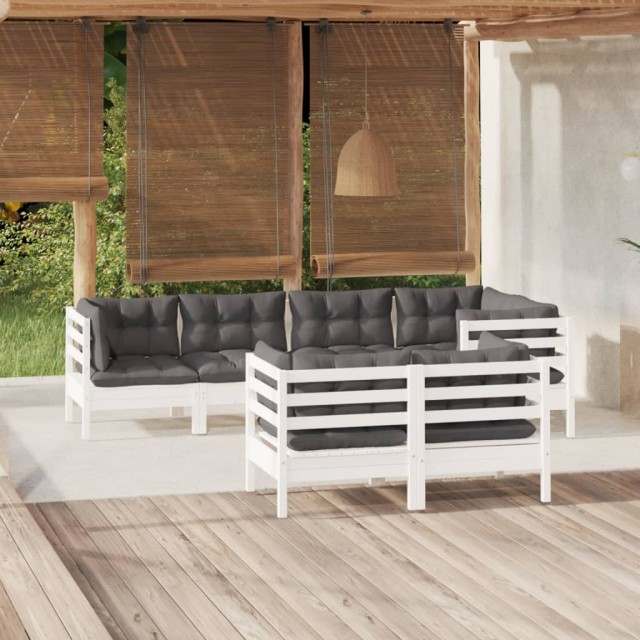 Salon de jardin 7 pcs avec coussins blanc bois de pin massif