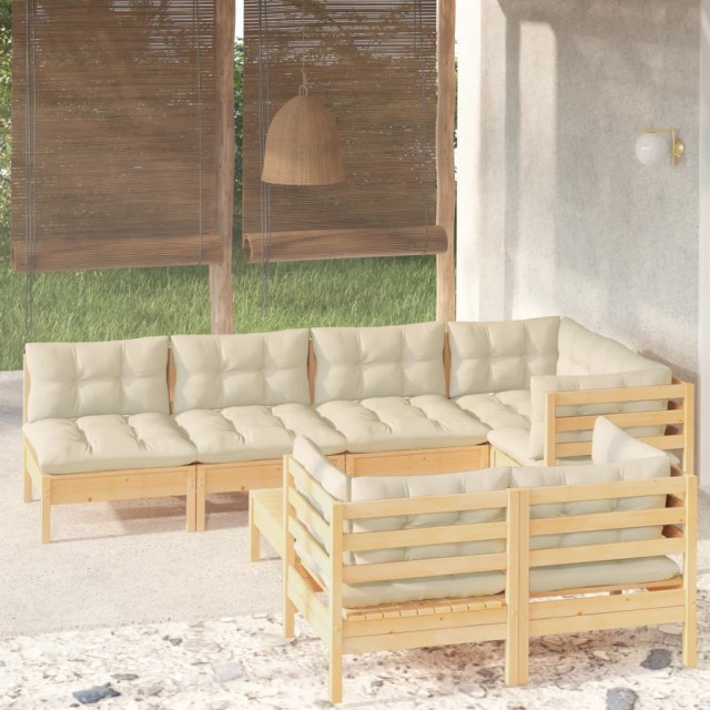 Salon de jardin 8 pcs avec coussins crème Bois de pin massif