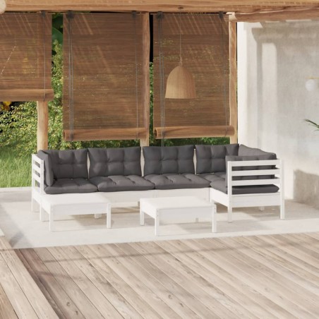 Salon de jardin 7 pcs avec coussins blanc bois de pin massif
