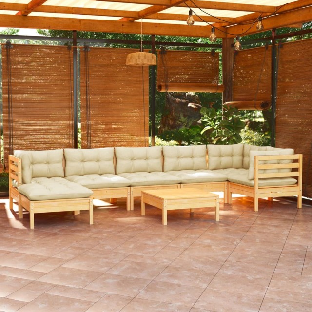 Salon de jardin 8 pcs avec coussins crème Bois de pin massif