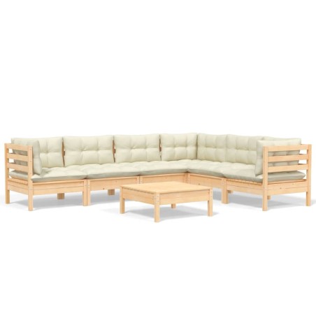 Salon de jardin 7 pcs avec coussins crème bois de pin massif