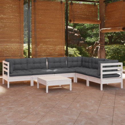 Salon de jardin 7 pcs avec coussins blanc bois de pin massif
