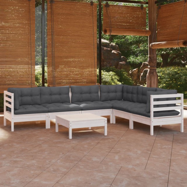 Salon de jardin 7 pcs avec coussins blanc bois de pin massif