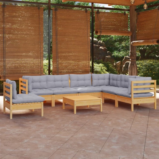 Salon de jardin 8 pcs avec coussins gris Bois de pin massif