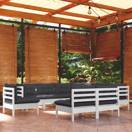 Salon de jardin 9 pcs avec coussins blanc bois de pin massif