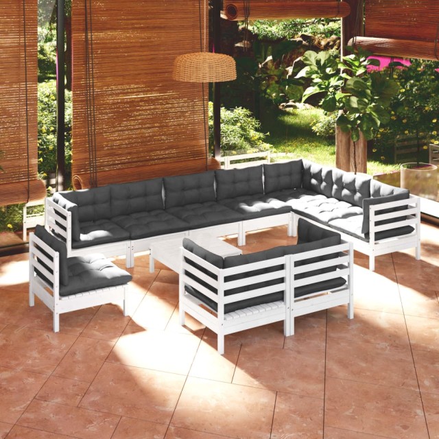 Salon de jardin 11 pcs avec coussins blanc bois de pin solide