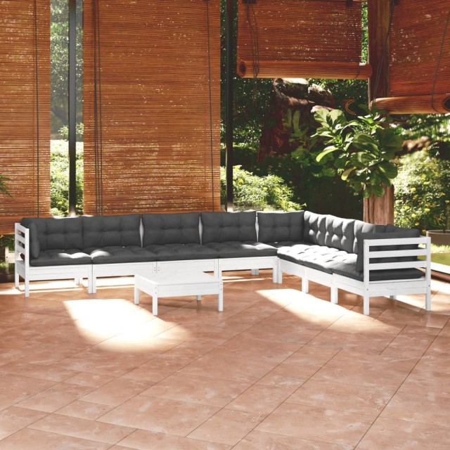 Salon de jardin 9 pcs avec coussins blanc bois de pin massif