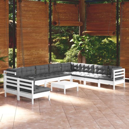 Salon de jardin 11 pcs avec coussins blanc bois de pin solide