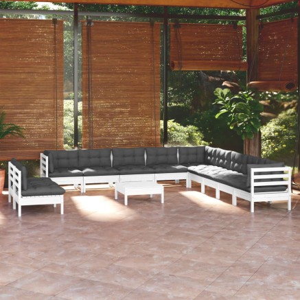 Salon de jardin 12 pcs avec coussins blanc bois de pin solide