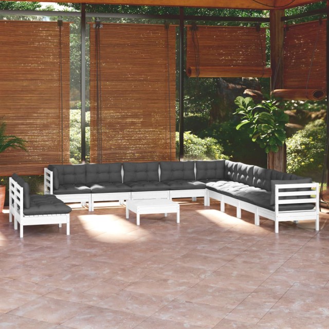 Salon de jardin 12 pcs avec coussins blanc bois de pin solide