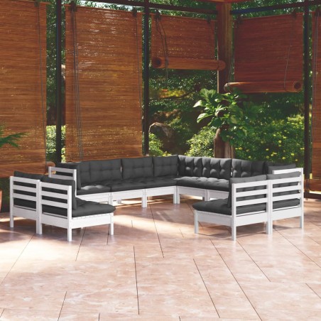 Salon de jardin 11 pcs avec coussins blanc bois de pin solide