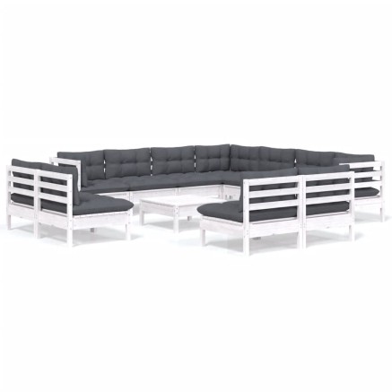Salon de jardin 12 pcs avec coussins blanc bois de pin solide 2