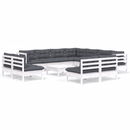 Salon de jardin 12 pcs avec coussins blanc bois de pin solide