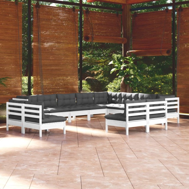 Salon de jardin 12 pcs avec coussins blanc bois de pin solide