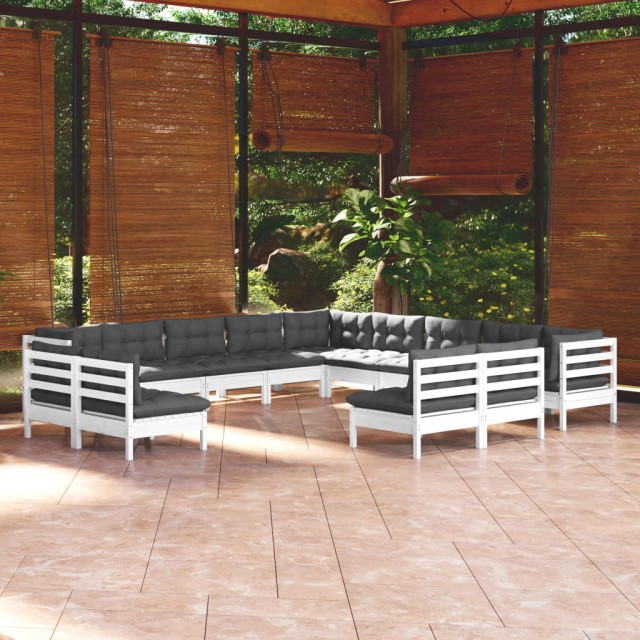 Salon de jardin 13 pcs avec coussins blanc bois de pin solide
