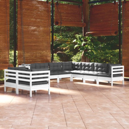 Salon de jardin 9 pcs avec coussins blanc bois de pin massif