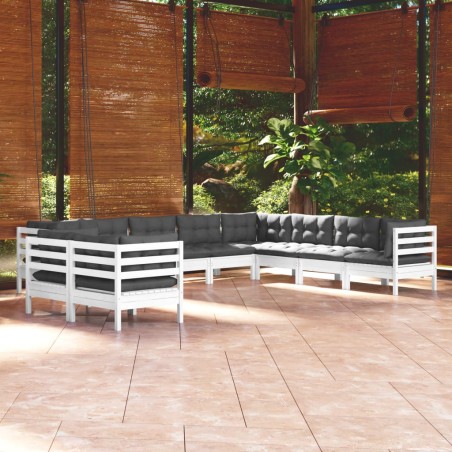 Salon de jardin 10 pcs avec coussins blanc bois de pin massif