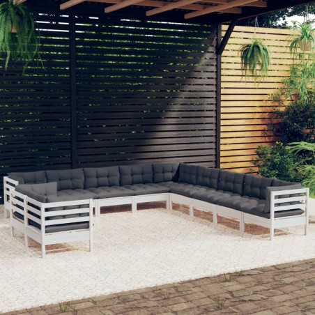 Salon de jardin 11 pcs avec coussins blanc bois de pin solide