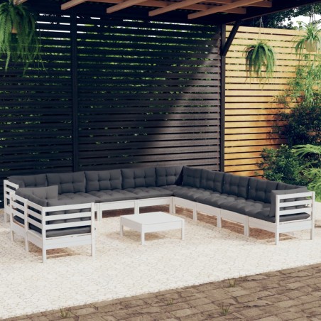 Salon de jardin 12 pcs avec coussins blanc bois de pin solide