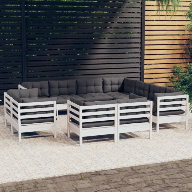 Salon de jardin 11 pcs avec coussins blanc bois de pin solide