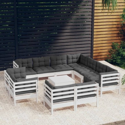 Salon de jardin 12 pcs avec coussins blanc bois de pin solide