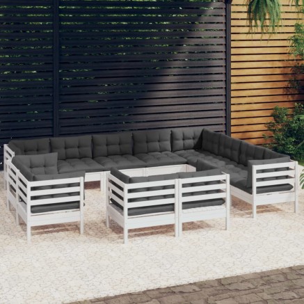 Salon de jardin 12 pcs avec coussins blanc bois de pin solide