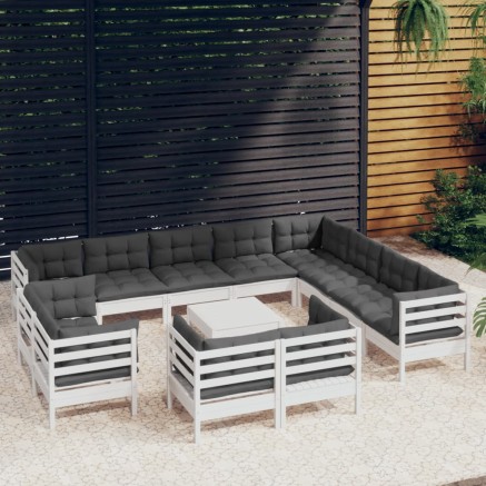Salon de jardin 13 pcs avec coussins blanc bois de pin solide