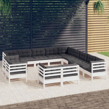 Salon de jardin 13 pcs avec coussins blanc bois de pin solide