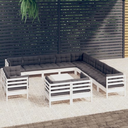 Salon de jardin 14 pcs avec coussins blanc bois de pin solide