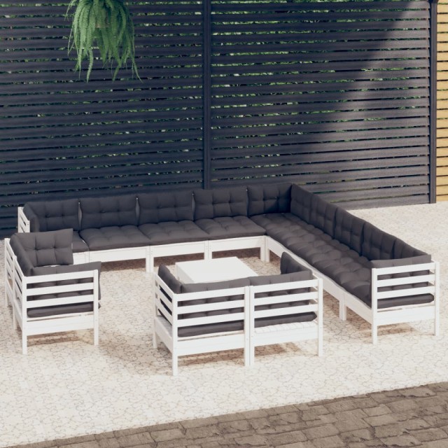 Salon de jardin 14 pcs avec coussins blanc bois de pin solide