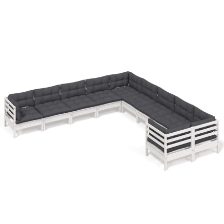 Salon de jardin 10 pcs avec coussins blanc bois de pin 2