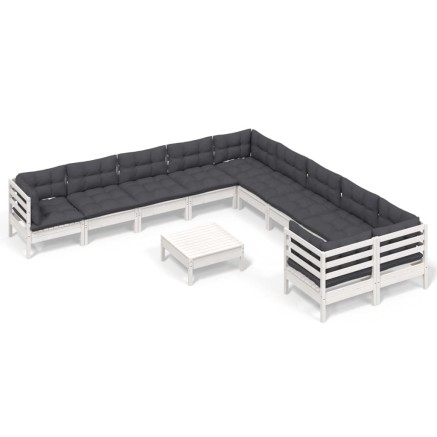 Salon de jardin 11 pcs avec coussins blanc bois de pin 2