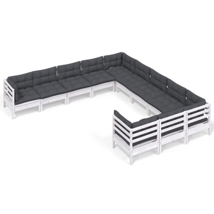 Salon de jardin 11 pcs avec coussins blanc bois de pin 2