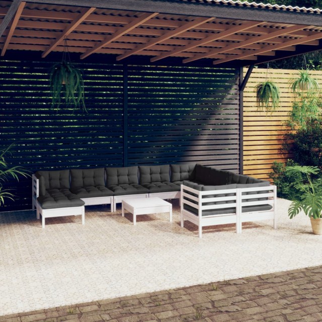 Salon de jardin 11 pcs avec coussins blanc bois de pin