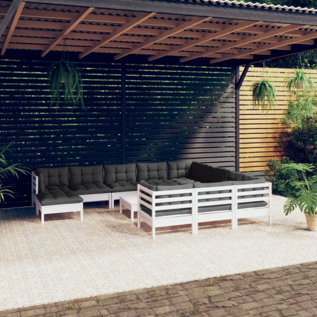 Salon de jardin 12 pcs avec coussins blanc bois de pin