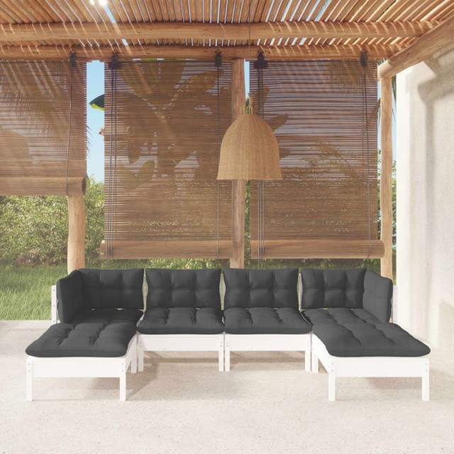 Salon de jardin 6 pcs avec coussins blanc bois de pin