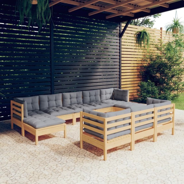Salon de jardin 10 pcs avec coussins gris bois de pin massif
